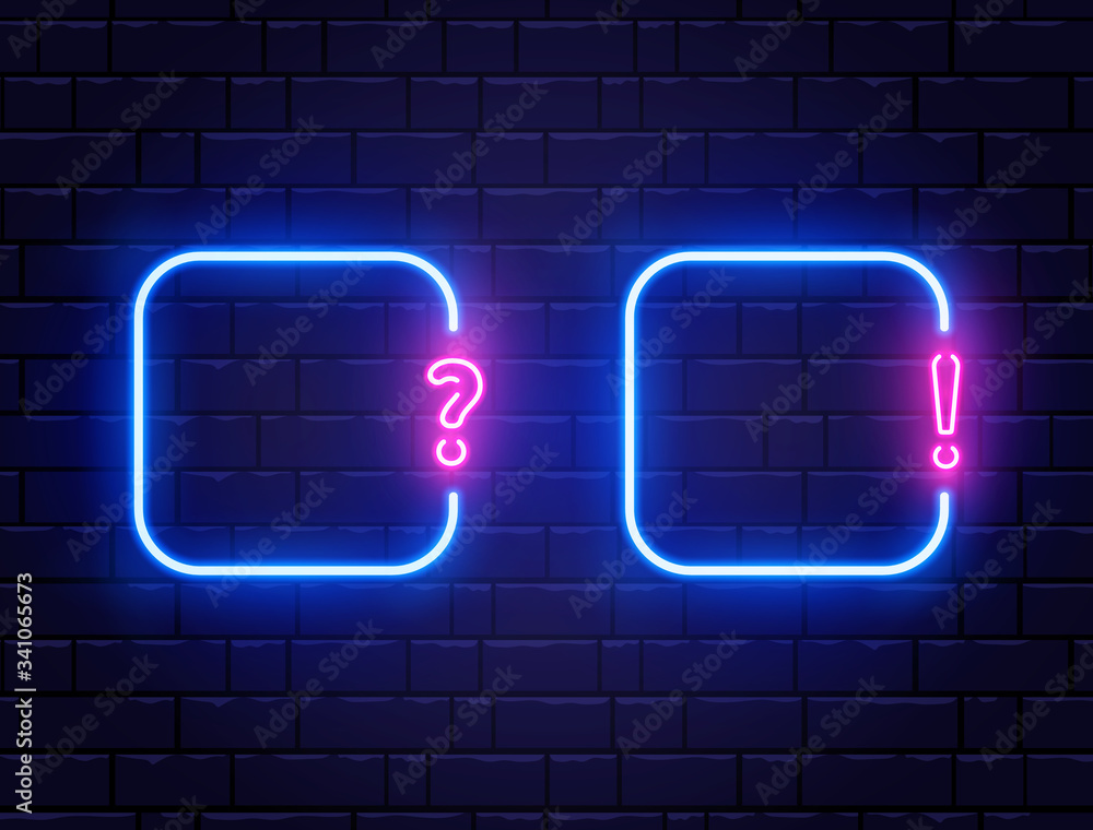 Neon quiz banner set. Glowing question and exclamation mark. Color neon banner on brick wall. Realistic bright night signboard. Shining neon effect. Vector illustration Neon quiz banner set. Glowing question and exclamation mark. Color neon banner on brick wall. Realistic bright night signboard. Shining neon effect. Vector illustration