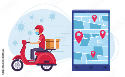 courier in motorcycle delivery online service with covid19 particles