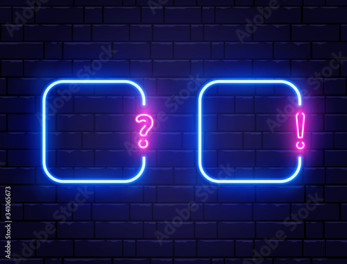 Neon quiz banner set. Glowing question and exclamation mark. Color neon banner on brick wall. Realistic bright night signboard. Shining neon effect. Vector illustration