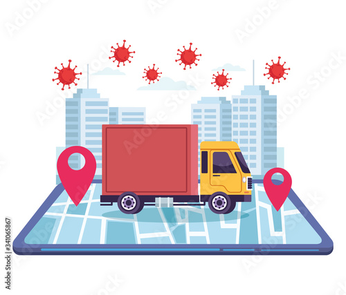 truck delivery online service with covid19 particles