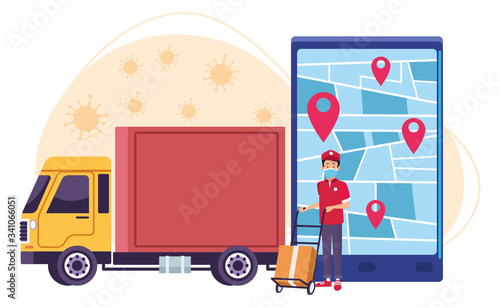 truck delivery online service with covid19 particles