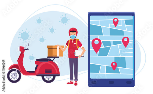courier in motorcycle delivery online service with covid19 particles