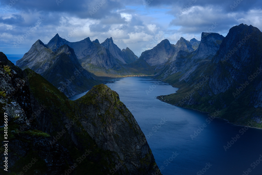 dramatic mountains of the Lofoten islands, autumn in norway, fjords