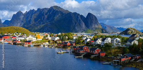 view of the village among the fjords in norway, lofoten islands photo
