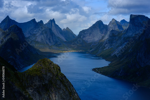 dramatic mountains of the Lofoten islands, autumn in norway, fjords