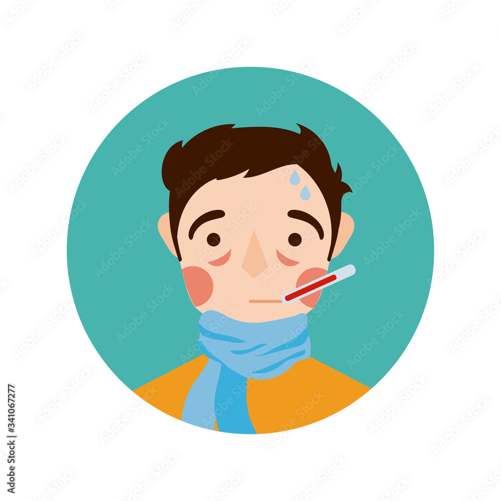 man sick with thermometer block and flat style icon
