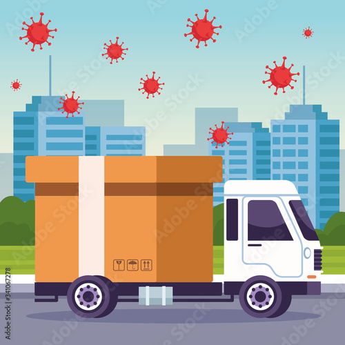 truck delivery service with covid19 particles
