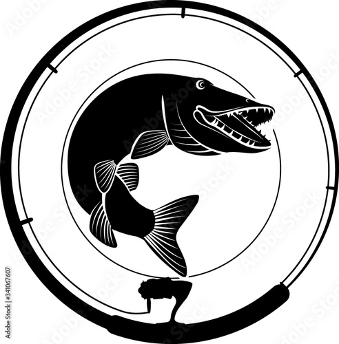 fishing badge with pike fish and fishing rod