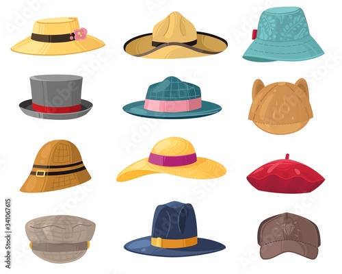Man and woman hats. Fashion headwear for ladies and gentlemen, vintage and classic headdress beret, cap, beach panama hat vector set