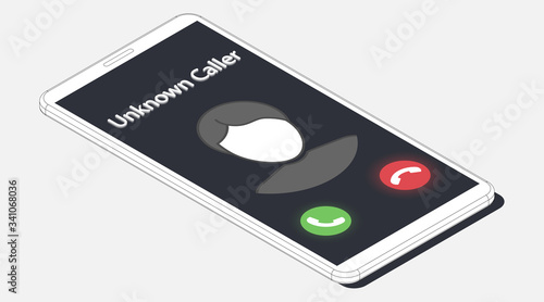 Unknown caller. Isometric vector illustration. Realistic white outline smartphone. 3d model isolated on a gray background. Phone interface with two icons accept or reject a call