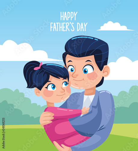 happy fathers day card with dad carring daughter in the camp