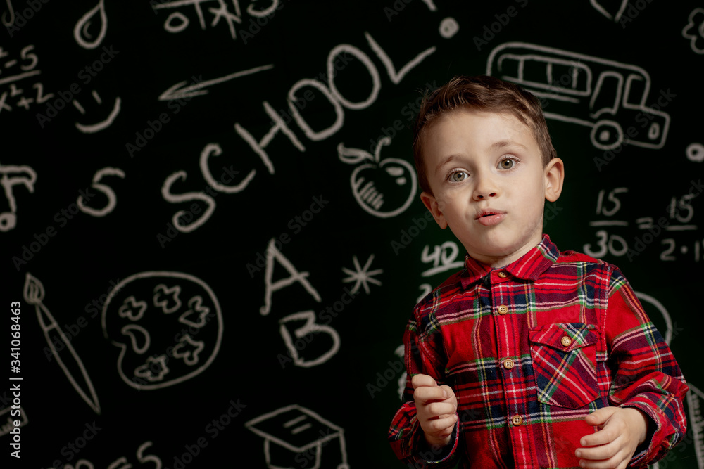 First day of school. Kid boy from primary school. Back to school. Little boy collects school backpack to school. Child from elementary school. First day of school. Kid boy from primary school. Back to school. Little boy collects school backpack to school. Child from elementary school.