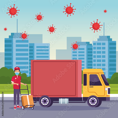 truck delivery service with covid19 particles