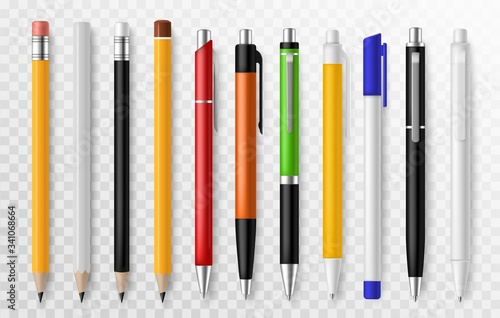 Pen and pencil. Stationery tools for writing and drawing, school or office supplies pens and pencils corporate office marketing vector set
