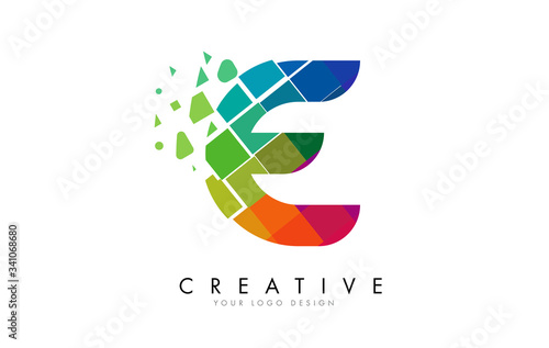 Letter E Design with Rainbow Shattered Blocks Vector Illustration.