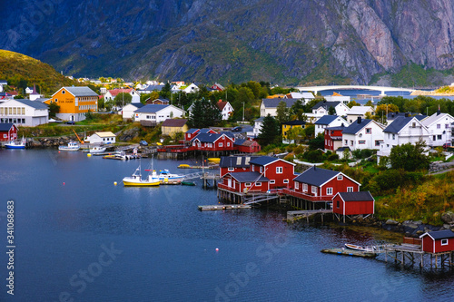 view of the village among the fjords in norway, lofoten islands photo