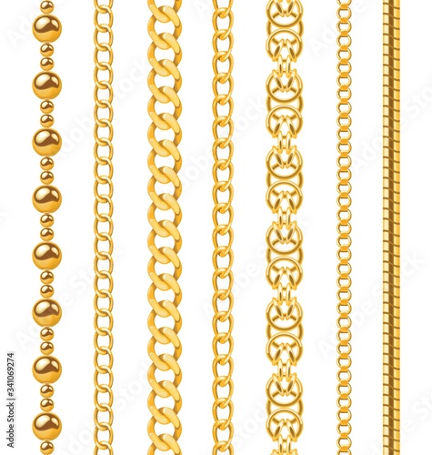 Golden chain. Seamless luxury chains of different shapes, realistic gold jewelry links, metal golden elements repeating pattern vector set