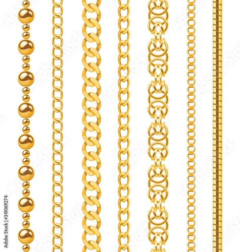 Golden chain. Seamless luxury chains of different shapes, realistic gold jewelry links, metal golden elements repeating pattern vector set photo