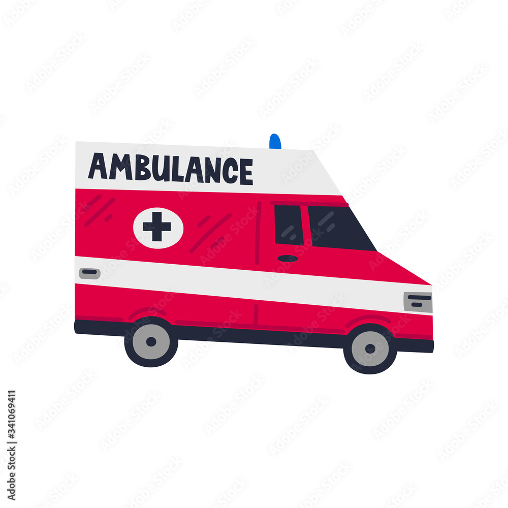 Ambulance car. Emergency Help service. Side view of Red emergency car on white background. Simple flat style vector illustration. Ambulance car. Emergency Help service. Side view of Red emergency car on white background. Simple flat style vector illustration.