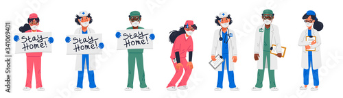 Stay home. Set of Tired doctors and nurses in different poses and with stay at home signs. Medical team in conditions of coronavirus pandemic, covd-19 quarantine. Flat style vector illustration.