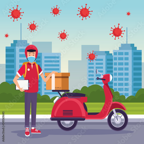 courier in motorcycle delivery service with covid19 particles