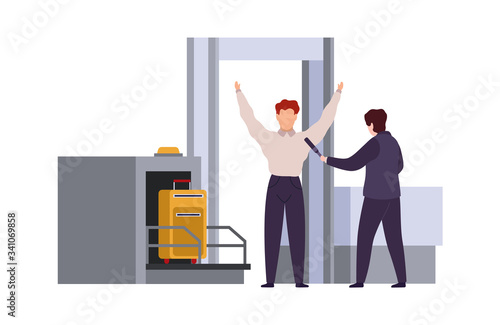 Airport security check. Tiling out baggage and screening or scanning bags vector cartoon travel concept
