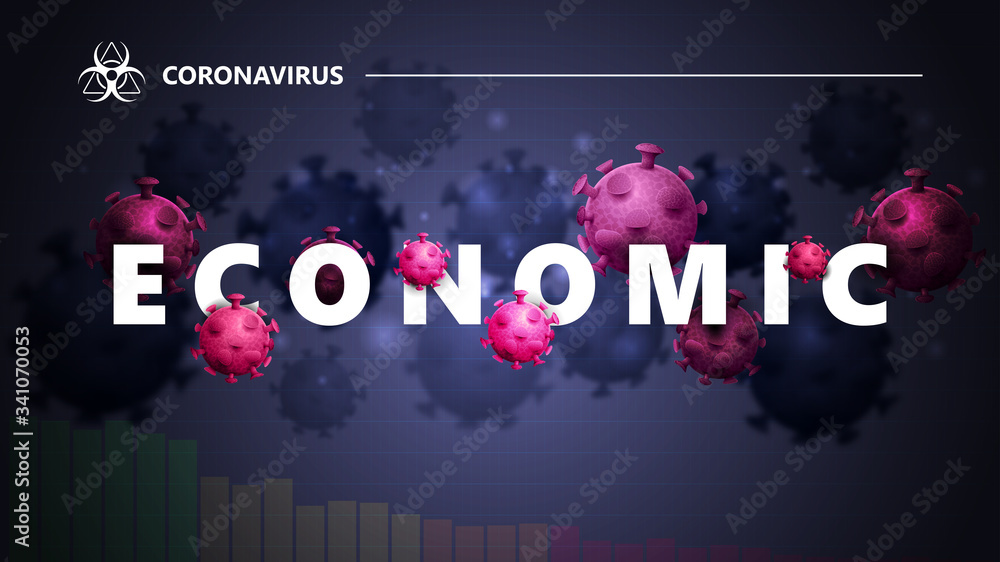 COVID-19 economic concept. Black and blue banner with white great headline with molecules of coronavirus. Coronavirus economic impact background in black colors with modern design