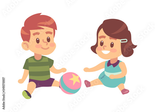 Boy and girl play together. Cute little children with ball isolated vector cartoon game characters