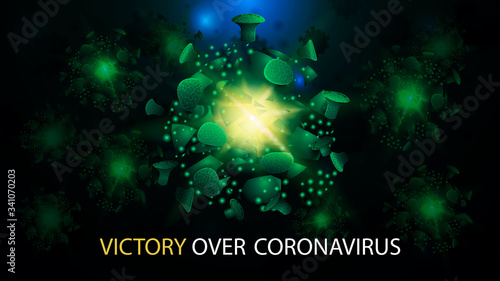 Victory over coronavirus. Coronavirus is defeated! A collapsing coronavirus molecules, poster with destroyed coronavirus molecules on abstract blurry dark background