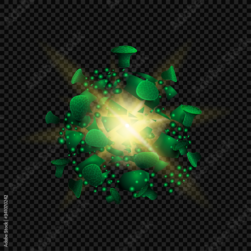 Victory over coronavirus, green destroyed coronavirus molecule isolated on black background for your arts. Defeated coronavirus sign. Green coronavirus molecule is breaking apart