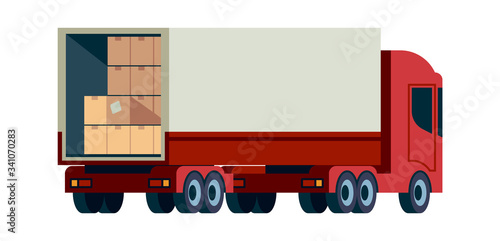 Delivery cargo truck. Loading transport with pallet vector flat illustration