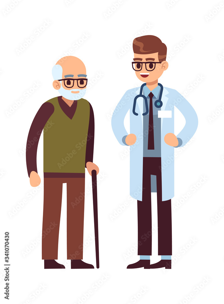 Doctor and elderly patient. Healthcare helping caring adult man, vector medicine office staff Doctor and elderly patient. Healthcare helping caring adult man, vector medicine office staff