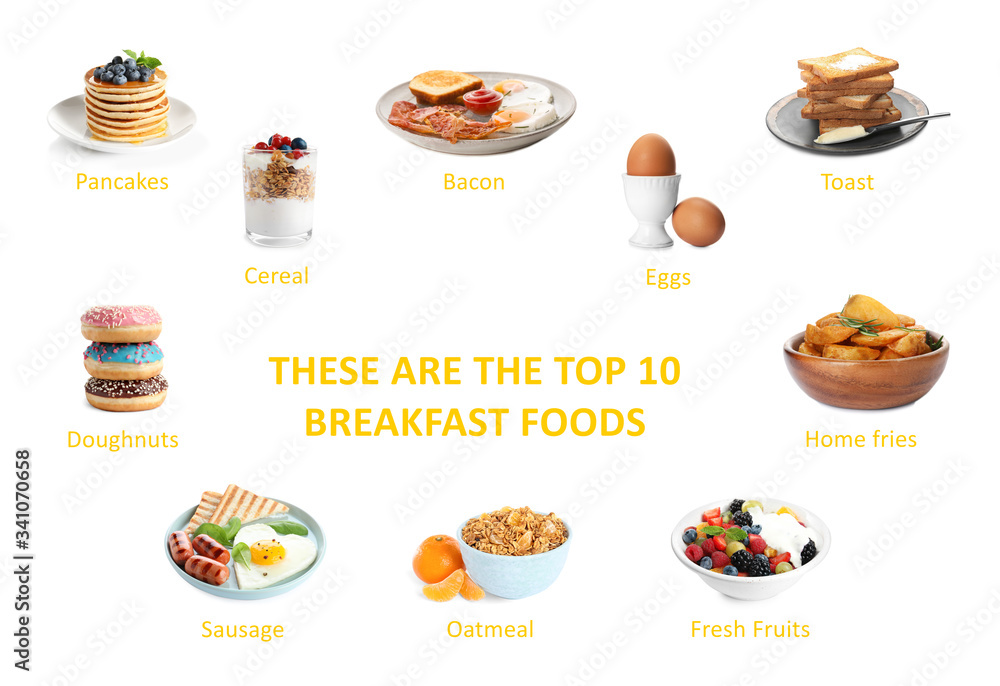 Set of different delicious dishes for breakfast on white background Set of different delicious dishes for breakfast on white background