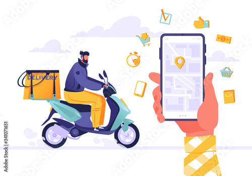Illustration with concept of fast delivery, package tracking in mobile application. Cartoon flat design style. Young man, courier rides motorbike with backpack in trunk deliverer. Hand with city map 