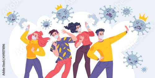 People vs Coronavirus epidemic. Vector illustration, banner for social networks in flat cartoon style. Respiratory disease, virus spread theme. Angry viruses try to attack masked people characters.