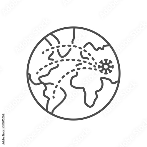 Pandemia related vector thin line icon. The spread of the virus around the globe. Isolated on white background. Editable stroke. Vector illustration. © A Oleksii