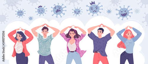 Сoronavirus prevention concept. Self-isolation, quarantine. People show roof gesture over their heads. Air around full of angry coronavirus are in a fury, because they cannot attack people.