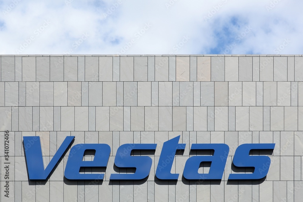 Skejby, Denmark - August 8, 2015: Vestas logo in front of an office. Vestas  Wind Systems is
