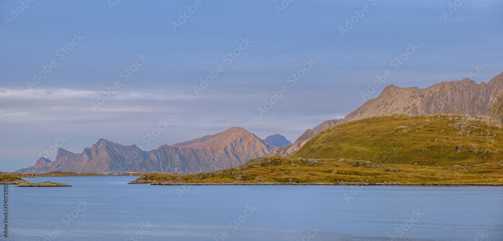 autumn landscape on the Lofoten islands, mountains and sea
