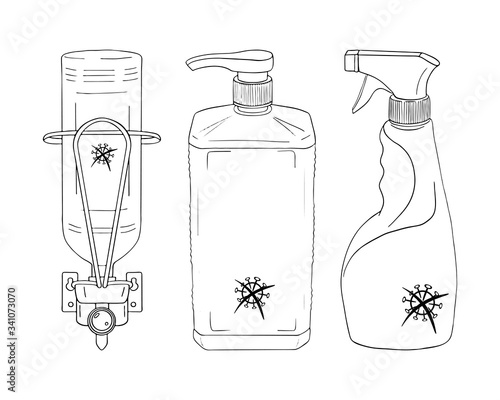 Set template medical antiseptic surfaces. Product for hygiene. Disinfection premises. Sanitizer dispenser, protect coronavirus bacteria. Vector isolated doodle realistic black outline white background