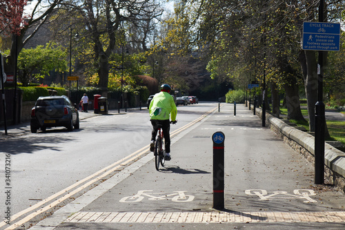 man riding a bike down urban street. Double yellow lines, parked cars and trees around cyclist.
