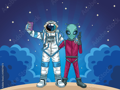astronaut and alien taking a selfie in the space