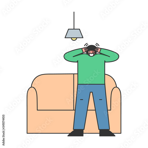 Concept Of Illness People With Flu And Coronavirus Symptoms. Sick Boy Feeling Powerful Headache And Decide To Stay At Home For Quick Recovery. Cartoon Linear Outline Flat Style. Vector Illustration