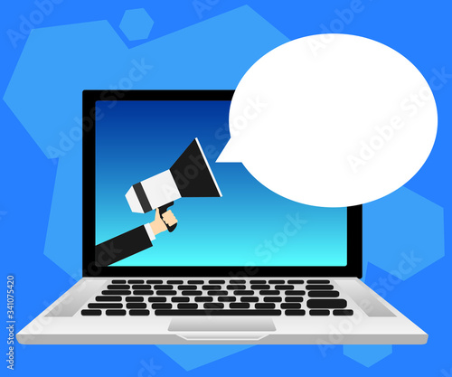 Hand holding megaphone. Notebook laptop screen background. Empty speech bubble. Vector illustration.
