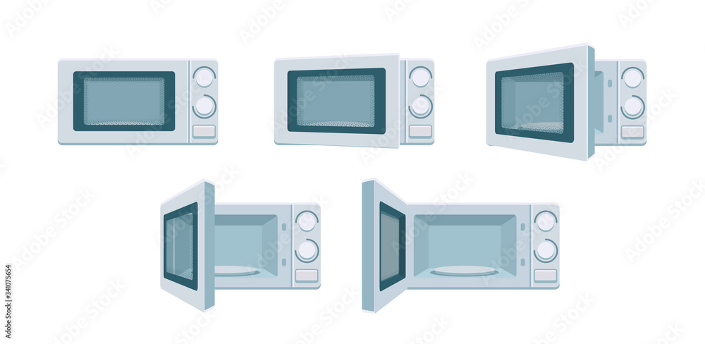 Modern microwave set ready for animation. Open and close oven poses in  front view. Degree of openness Cooking stove, vector kitchen appliance.  Digital concept illustration isolated white background Stock Vector | Adobe
