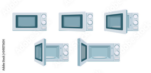 Modern microwave set ready for animation. Open and close oven poses in front view. Degree of openness Cooking stove, vector kitchen appliance. Digital concept illustration isolated white background
