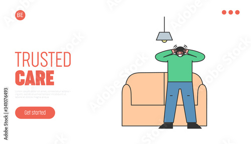 Concept Of Illness People With Flu And Coronavirus Symptoms. Website Landing Page. Sick Boy In Face Mask Is Feeling Powerful Headache. Web Page Cartoon Linear Outline Flat Style. Vector Illustration