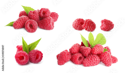 Set of fresh sweet raspberries and green leaves on white background