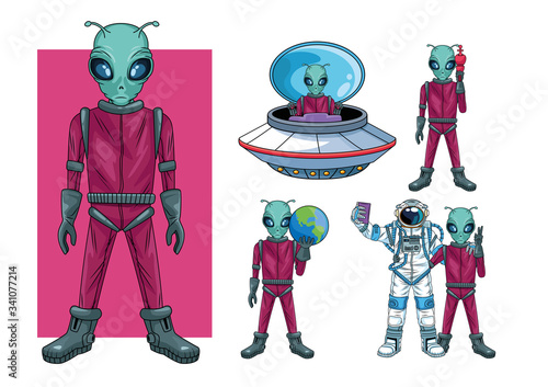 aliens and astronaut in the space characters