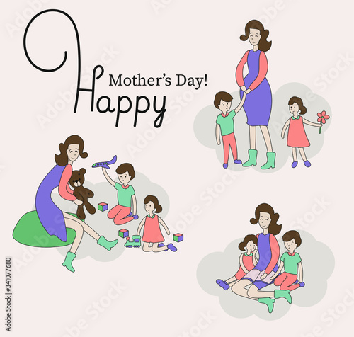 Mama and kids vector illustration Happy mothers day greeting card